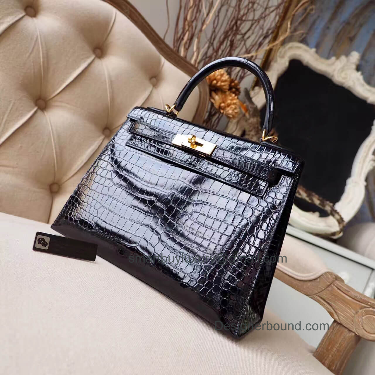 Hermes Kelly 28 Bag in ck89 Noir Shiny Porosus Croc GHW